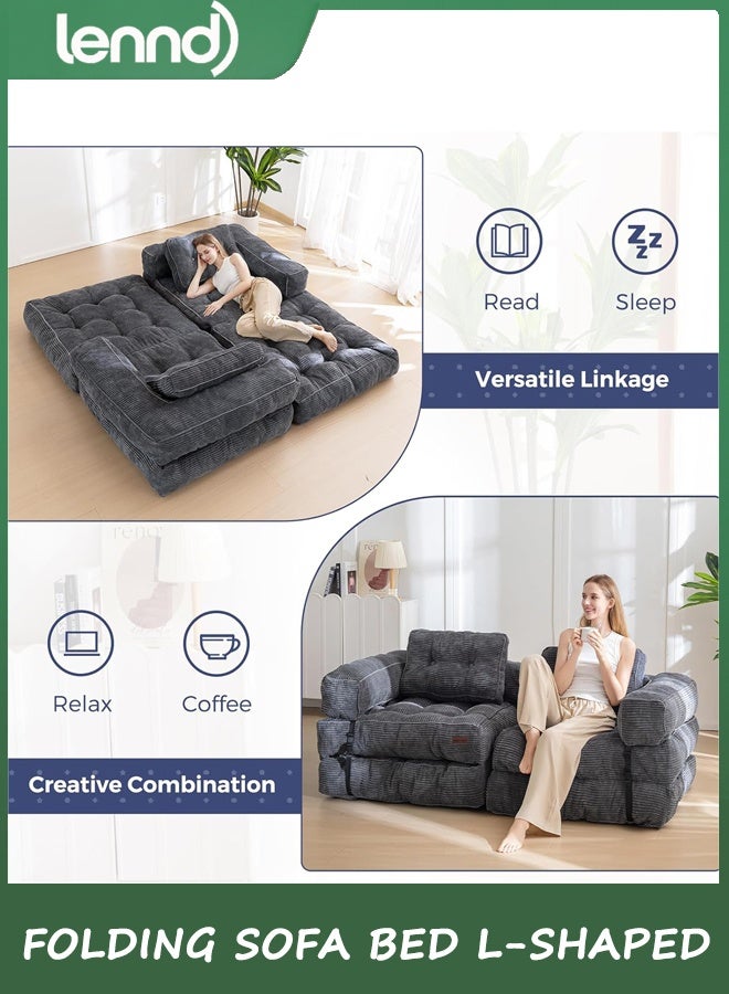 LENND Folding Sofa Bed, L-Shaped Convertible Sofa Bed with Armrest Foldable Sleeper Sofa with Pillow, Portable Fold Out Chair Bed Comfy Floor Lounge for Living Room Bedroom, Dark Grey - Image 4